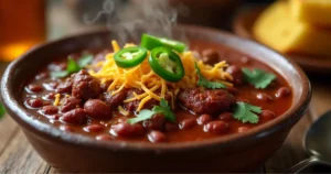 A hearty bowl of beef brisket chili with beans, jalapeños, and cheese, served with cornbread.