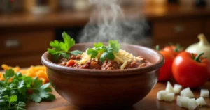 A steaming bowl of beef brisket chili with fresh cilantro and cheese, surrounded by chopped vegetables and kitchen decor.