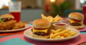 A kid-friendly dining table with mini cheeseburgers, chicken tenders, fries, and ketchup in a cozy kitchen setup for chili's kids menu.