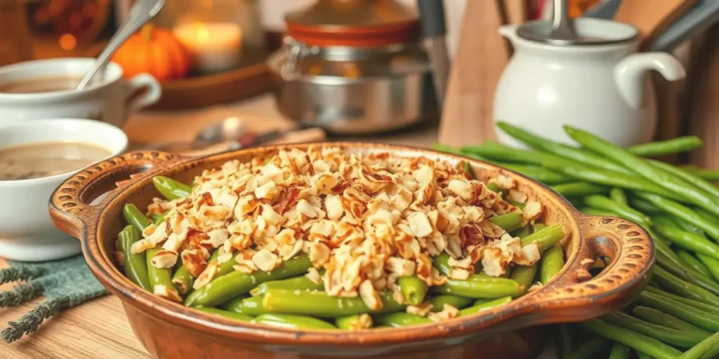 A hearty green bean casserole served in a rustic baking dish, topped with golden, crispy onions.