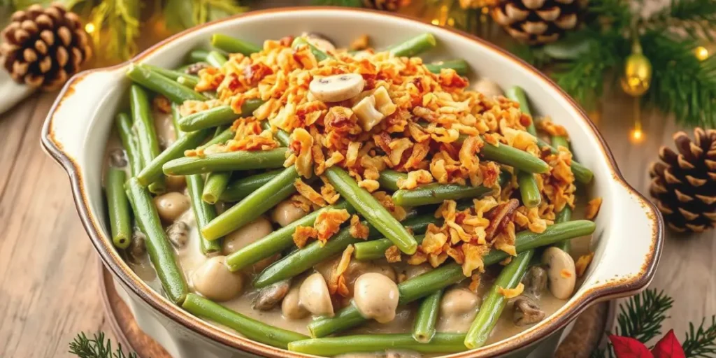 A spoon scooping a serving of green bean casserole with a golden onion crust.