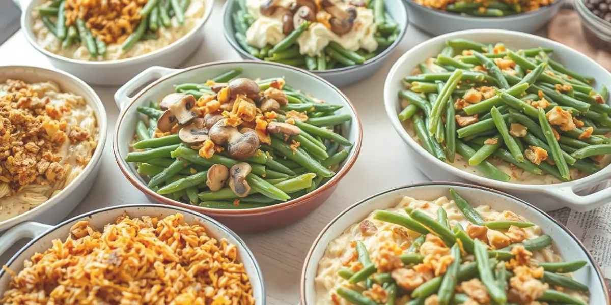 A freshly baked green bean casserole topped with crispy fried onions served in a white dish.