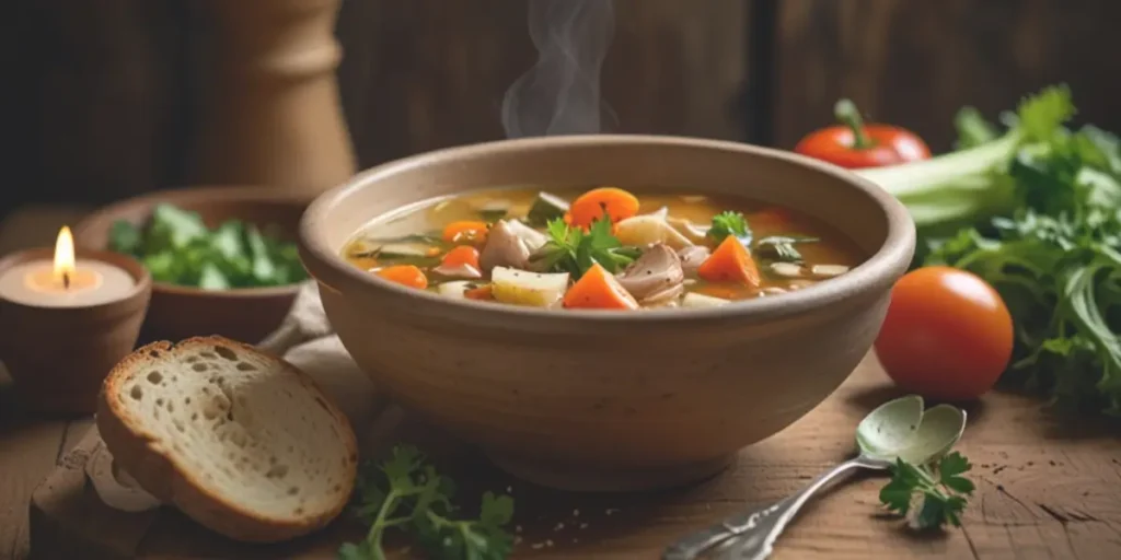 A steaming bowl of traditional village soup made with fresh vegetables and herbs.