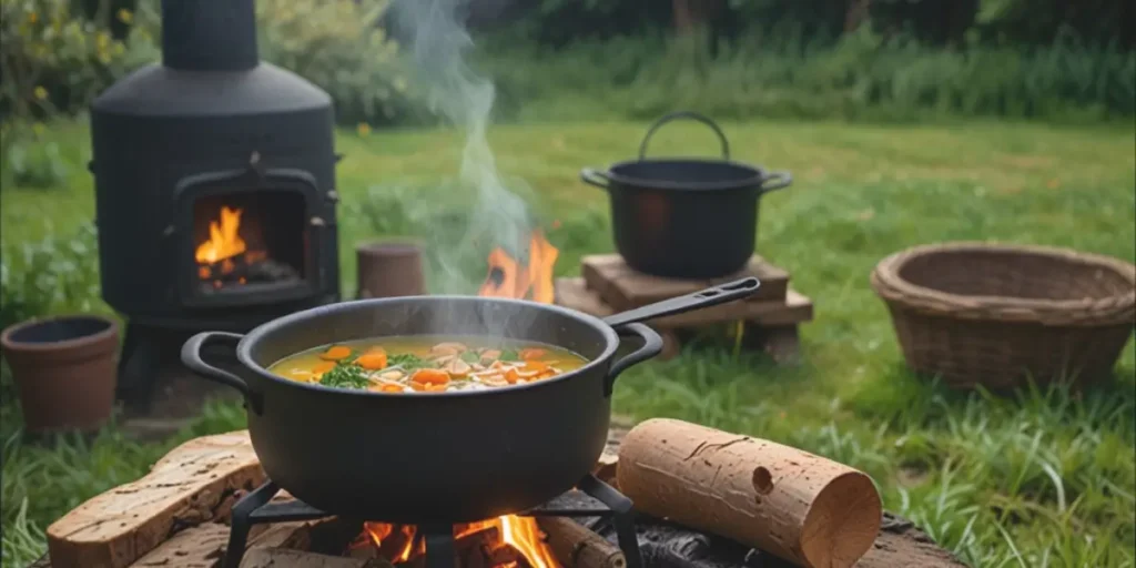 A ladle pouring flavorful village soup into a rustic bowl on a wooden table.