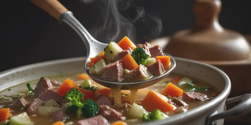 A vibrant village soup served in a ceramic bowl, garnished with fresh parsley.