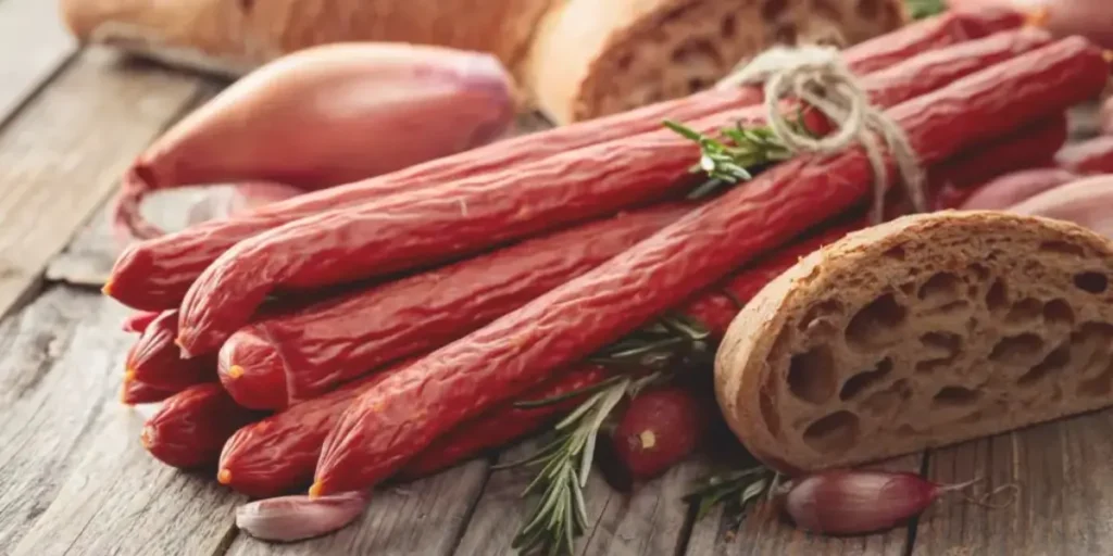 Pepperoni sticks sliced and arranged on a plate, ready to enjoy as a snack or ingredient in recipes