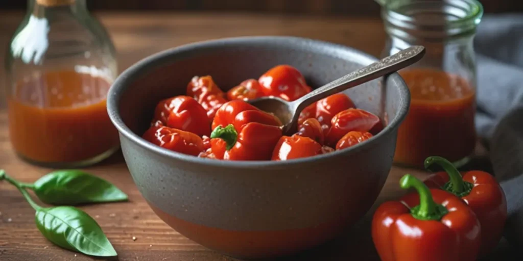 A handful of fiery piquin peppers with fresh herbs and spices on a wooden cutting board.