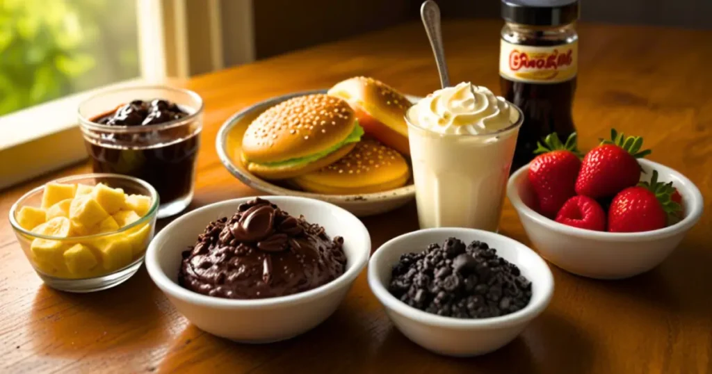 Ingredients for Burger King-inspired desserts like chocolate syrup, whipped cream, and crushed Oreos.