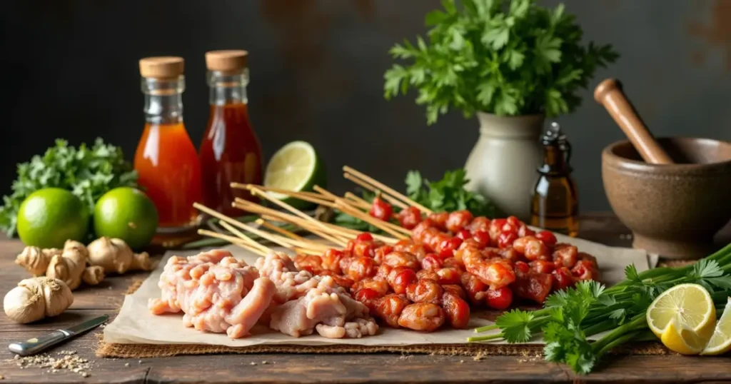 Fresh ingredients for Asian street meat, including chicken skewers, crab meat, soy sauce, herbs, and spices on a rustic kitchen counter.