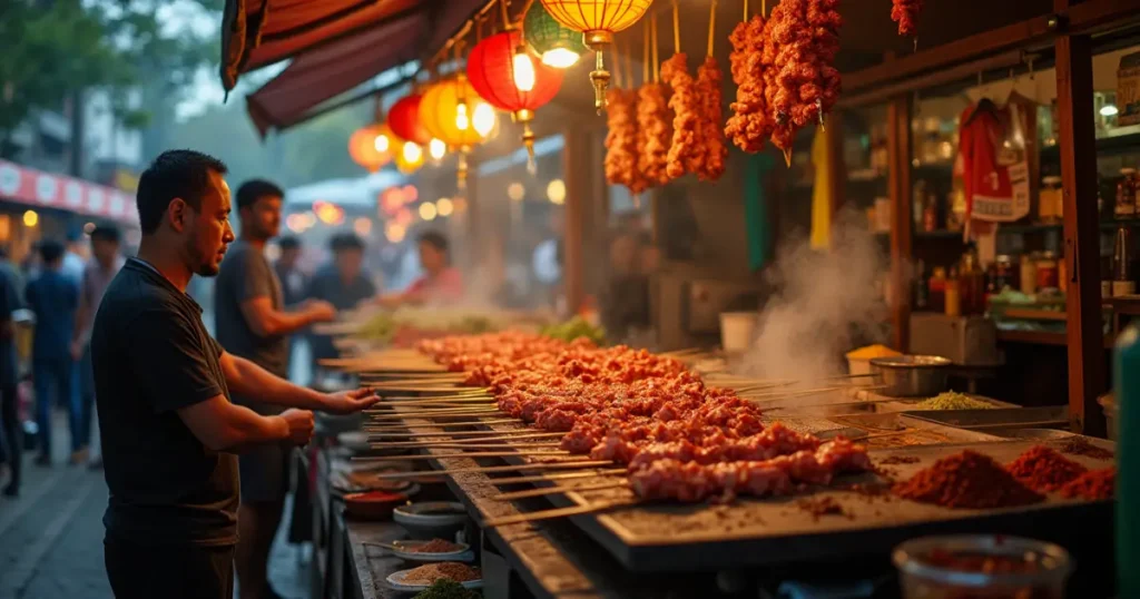 Grilled Asian street meat skewers served on banana leaves with jasmine rice, dipping sauces, and fresh garnishes on a wooden table.