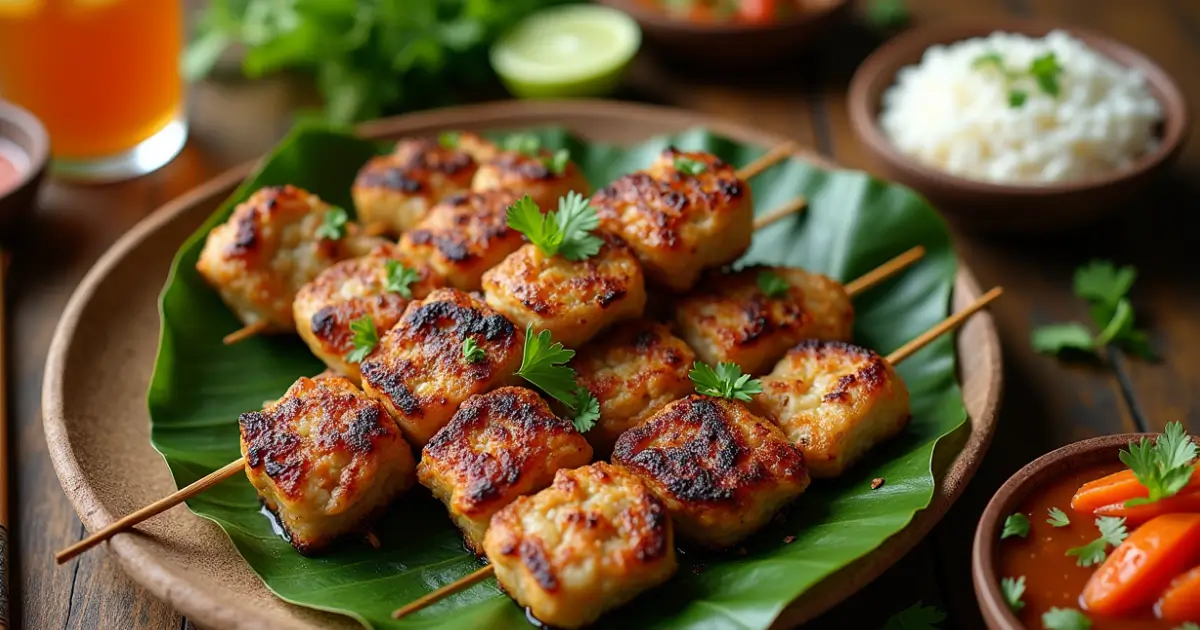 A lively Asian street food market at dusk with sizzling skewers on a grill, colorful lanterns, and spices on display.