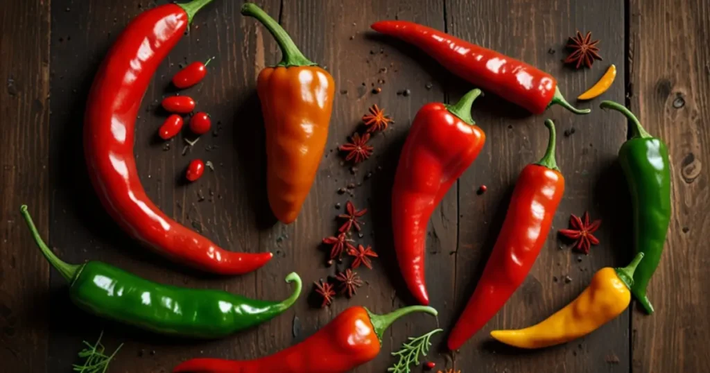 Freshly picked bird chilies on a wooden counter, with some chopped and seeds visible.