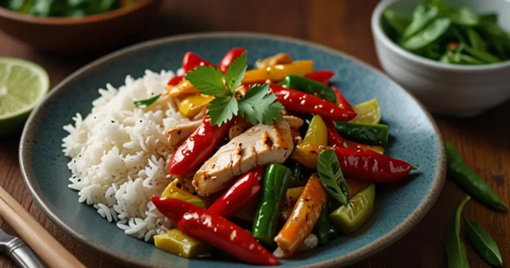 A spicy stir-fry dish garnished with bird chilies, served on a plate with rice or noodles.