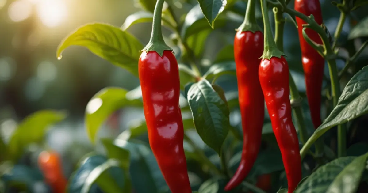 A bird chili plant with vibrant red and green chilies in a sunny garden setting.