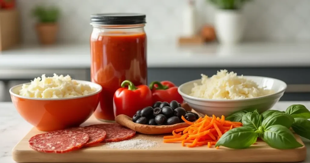 Fresh ingredients for Blaze Pizza, including pizza dough, tomato sauce, cheese, and vegetables.