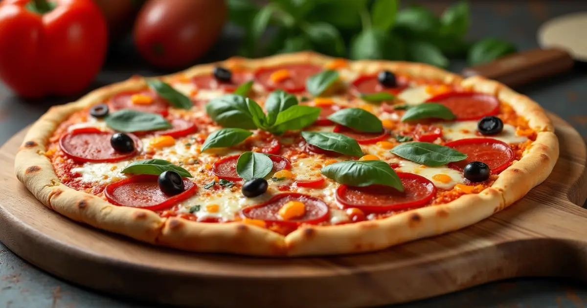 Freshly baked Blaze Pizza with crispy crust, vibrant toppings, and a rustic kitchen background.