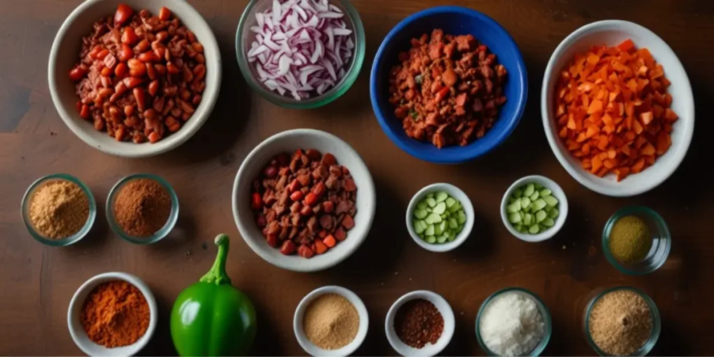 Close-up of fresh ingredients for brisket chili, including beef brisket, chili peppers, onions, garlic, tomatoes, and spices.