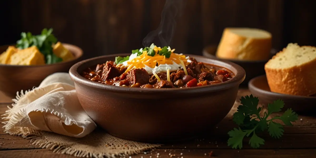 Bowl of steaming brisket chili topped with sour cream, shredded cheese, and fresh cilantro, served with crusty bread on the side.