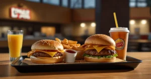 A complete Burger King breakfast tray featuring a Croissan’wich, hash browns, pancakes, French Toast Sticks, and coffee on a table.