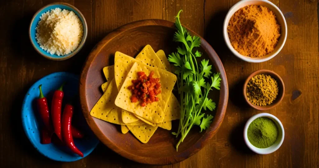 The fresh ingredients for chili papad, including papads, chili peppers, chili powder, chaat masala, and salt, arranged on a wooden countertop.