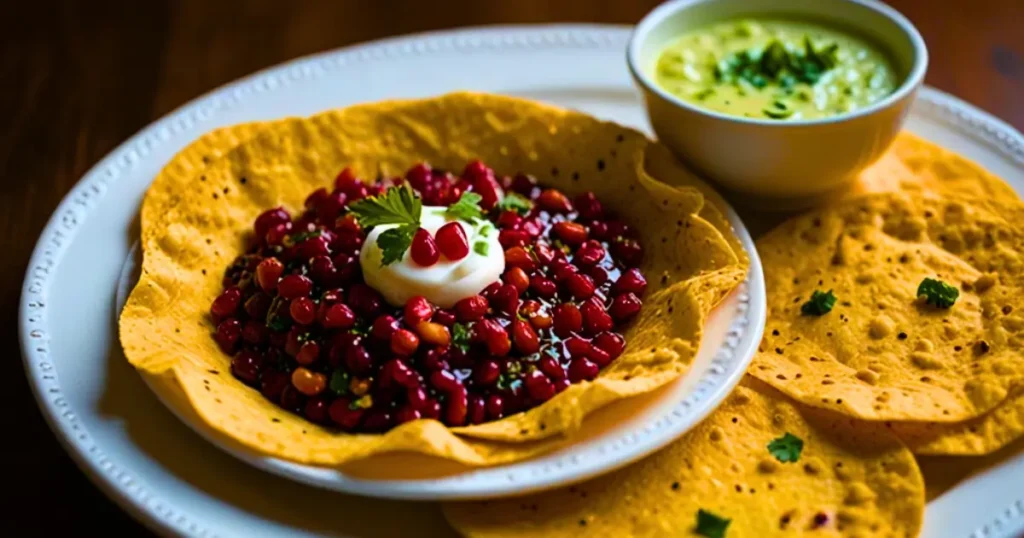 Chili papad served on a platter with dips, fresh salad, and garnishes like pomegranate seeds, creating an elegant and colorful spread.