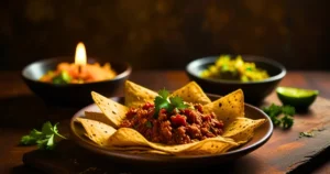 A plate of golden crispy chili papad garnished with fresh chili, cilantro, and chutney, surrounded by a cozy kitchen setting.