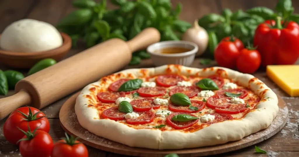 Fresh ingredients for homemade pizza including pizza dough, mozzarella cheese, tomatoes, and toppings like pepperoni and veggies.