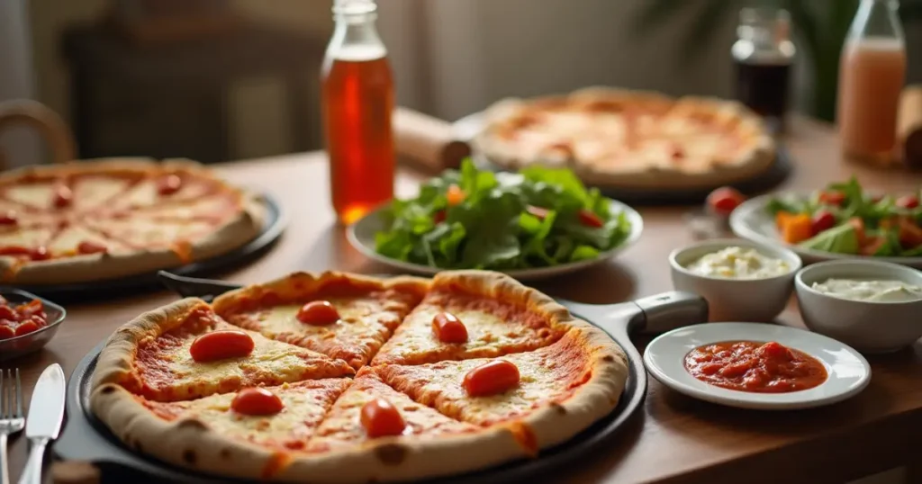 A table set for a pizza party with freshly baked pizzas, side salads, dipping sauces, and drinks, perfect for serving Cicis pizza.