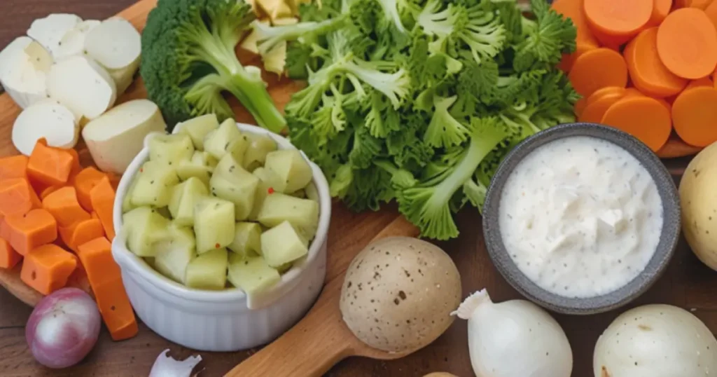 Fresh ingredients for creamy potato and hamburger soup on a wooden cutting board.