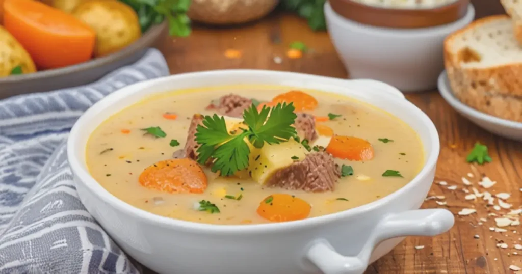 A bowl of crockpot creamy potato and hamburger soup with crusty bread on a rustic table.