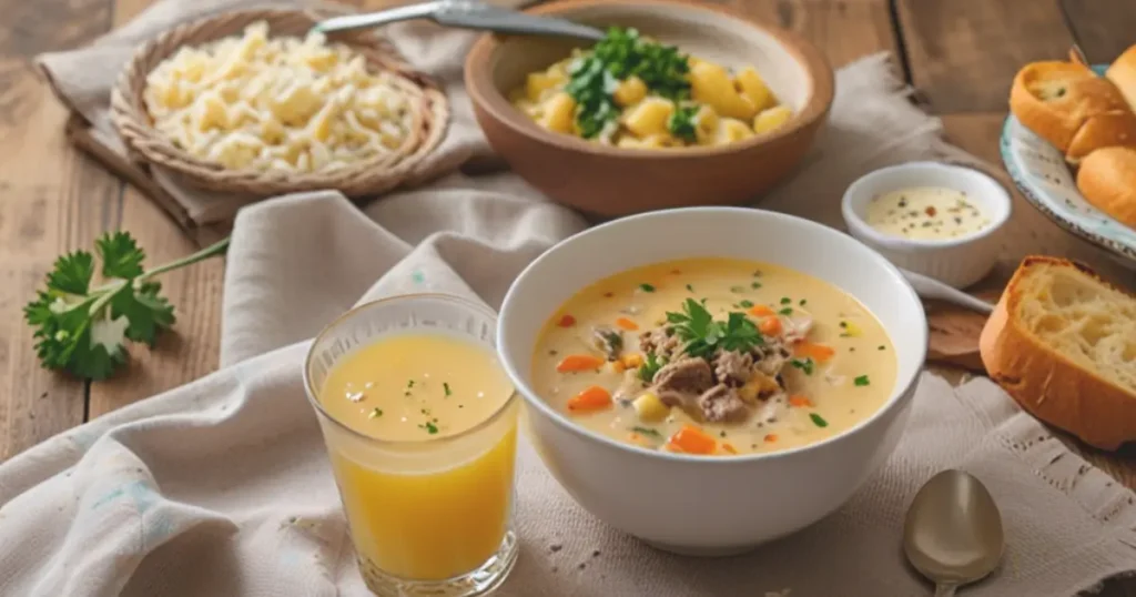 A dinner table with creamy potato and hamburger soup, bread, and wine.