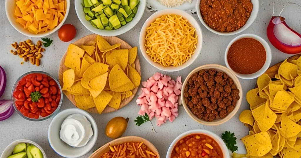 Fresh ingredients for Taco Soup Fritos laid out on a rustic kitchen counter, including ground beef, beans, Fritos, and fresh veggies.