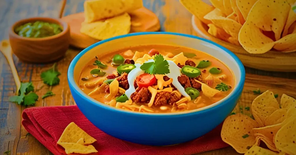 A cozy bowl of Taco Soup Fritos with crispy Fritos topping, cheese, sour cream, and fresh garnishes like cilantro and jalapeños.