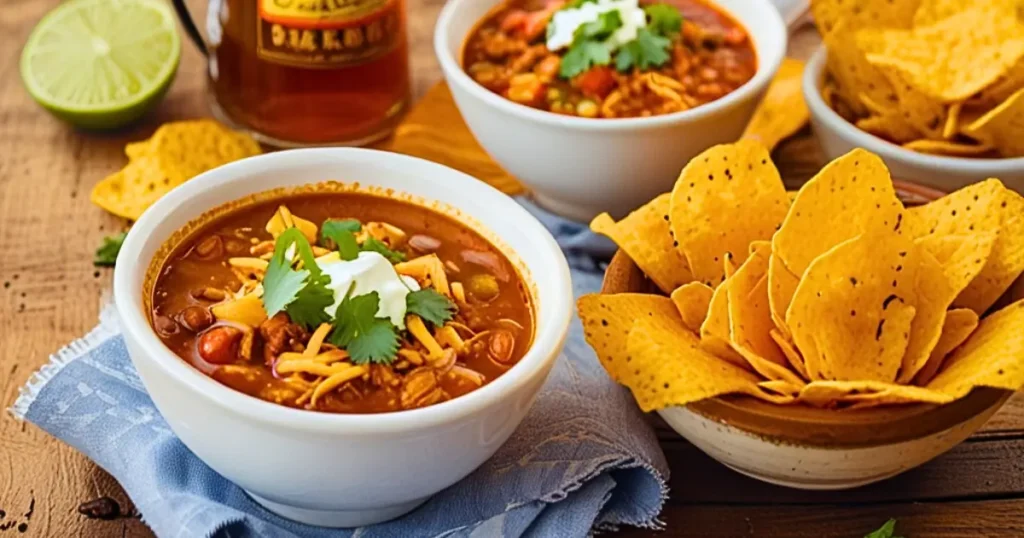 Serving of Taco Soup Fritos in a rustic bowl, topped with sour cream, cheese, and cilantro, alongside tortilla chips and iced tea.