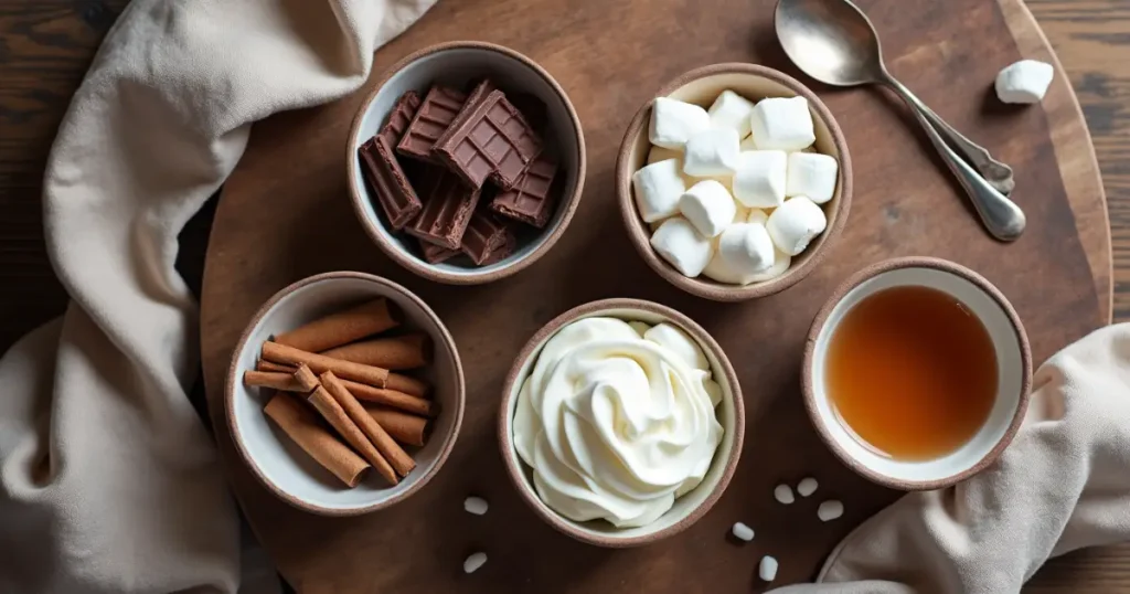 An array of hot chocolate ingredients dark chocolate, milk, marshmallows, whipped cream, cinnamon, and bone broth arranged on a wooden table.