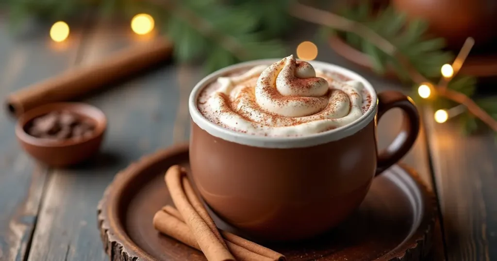 A beautifully presented cup of hot chocolate with whipped cream, marshmallows, and cinnamon, styled with a rustic tray and seasonal decorations.