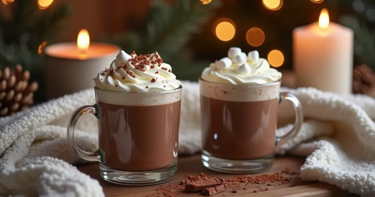 Two steaming cups of hot chocolate with whipped cream and marshmallows on a cozy wooden table, surrounded by candles and winter decor.