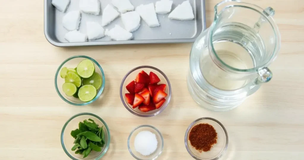 Ingredients for making ice chips, including water, fruits, mint, and chili flakes on a wooden surface.