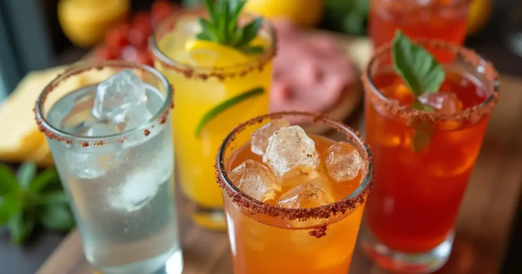  Ice chips served in cocktail glasses with garnishes, surrounded by snacks and drinks.