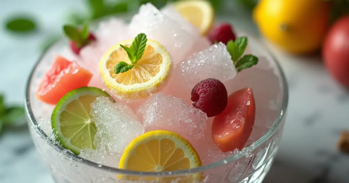 Colorful ice chips in a glass bowl with fruit slices and mint on marble.