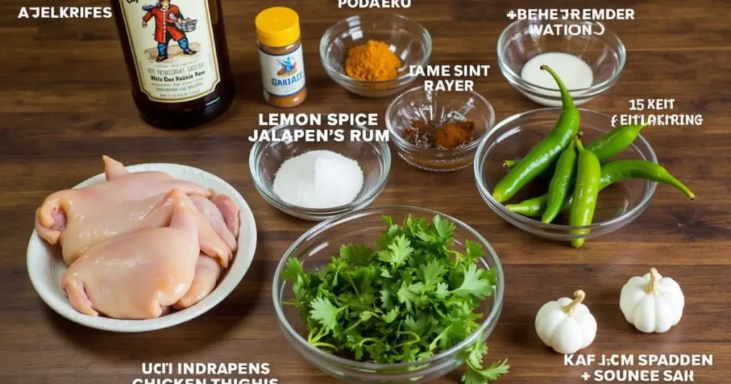 Ingredients for Ice Spice Fillmore, including chicken thighs, jalapeños, cilantro, Captain Morgan spiced rum, and essential spices arranged on a rustic counter.