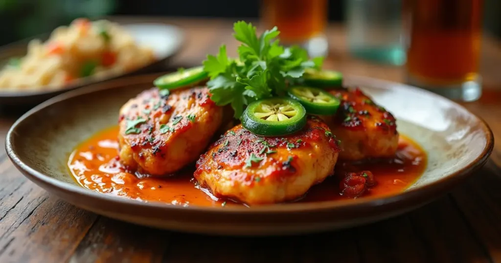 A beautifully plated Ice Spice Fillmore dish with juicy chicken thighs, vibrant spicy sauce, cilantro garnish, and a side of rice, served on a rustic wooden table.