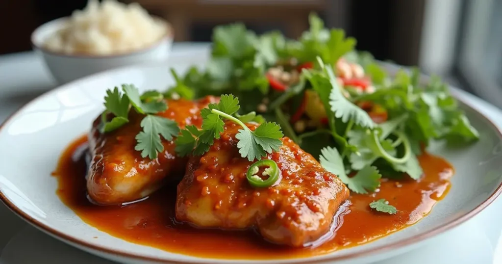 A stunning Ice Spice Fillmore dish with chicken thighs, spicy sauce, jasmine rice, and a fresh green salad, served elegantly on a modern dining table.