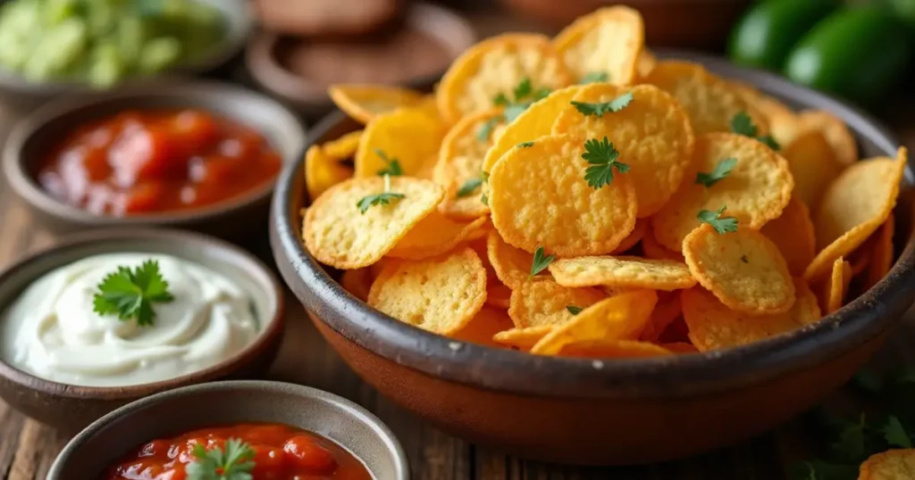 Jalapeno chips served with a selection of creamy dips, perfect for snacking or sharing.