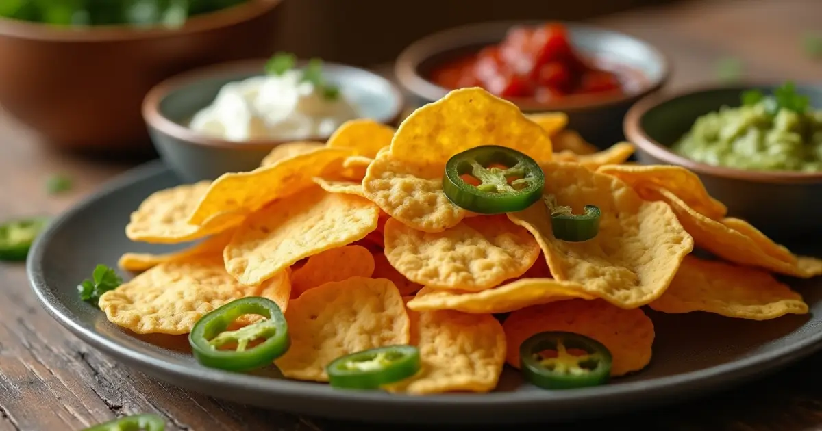 A delicious plate of crispy jalapeno chips served with dips like guacamole and salsa, ready to enjoy.