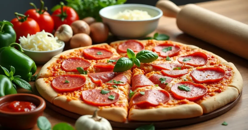 Fresh ingredients for Jet’s Pizza, including toppings like pepperoni, sausage, mushrooms, and mozzarella cheese, laid out on a wooden countertop.