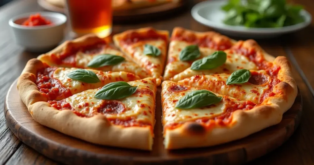 Slices of Jets Pizza served on a rustic wooden board, accompanied by marinara sauce and garnished with fresh herbs.