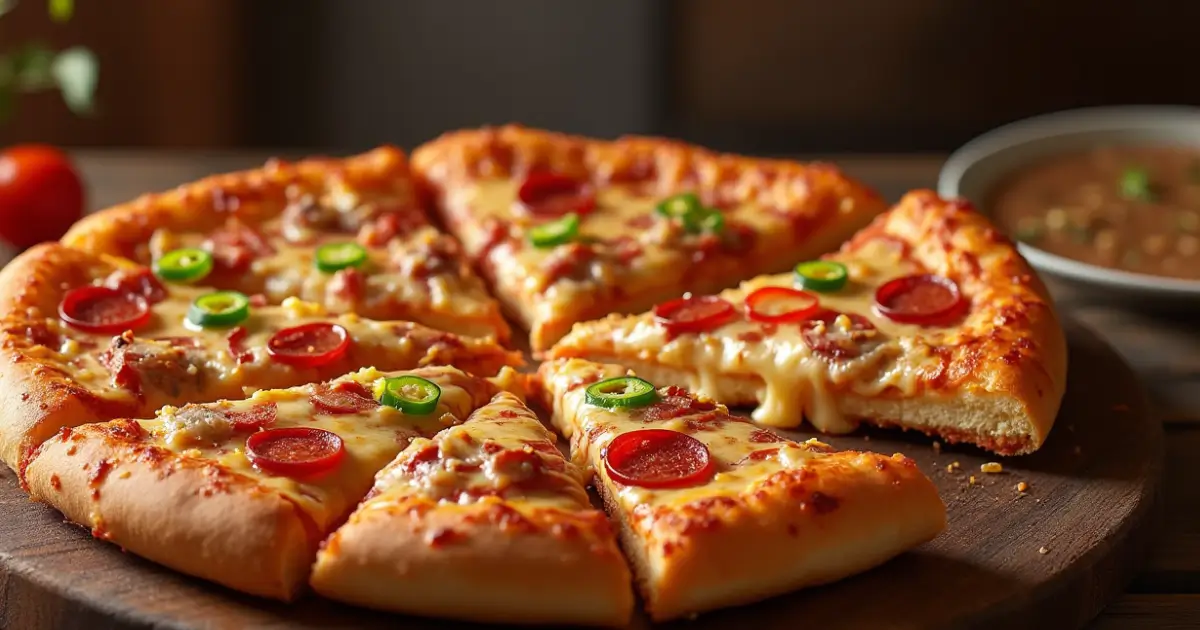 Delicious Jet’s Pizza-inspired Detroit-style pizza with a crispy golden crust, gooey cheese, and colorful toppings, set on a rustic wooden table.