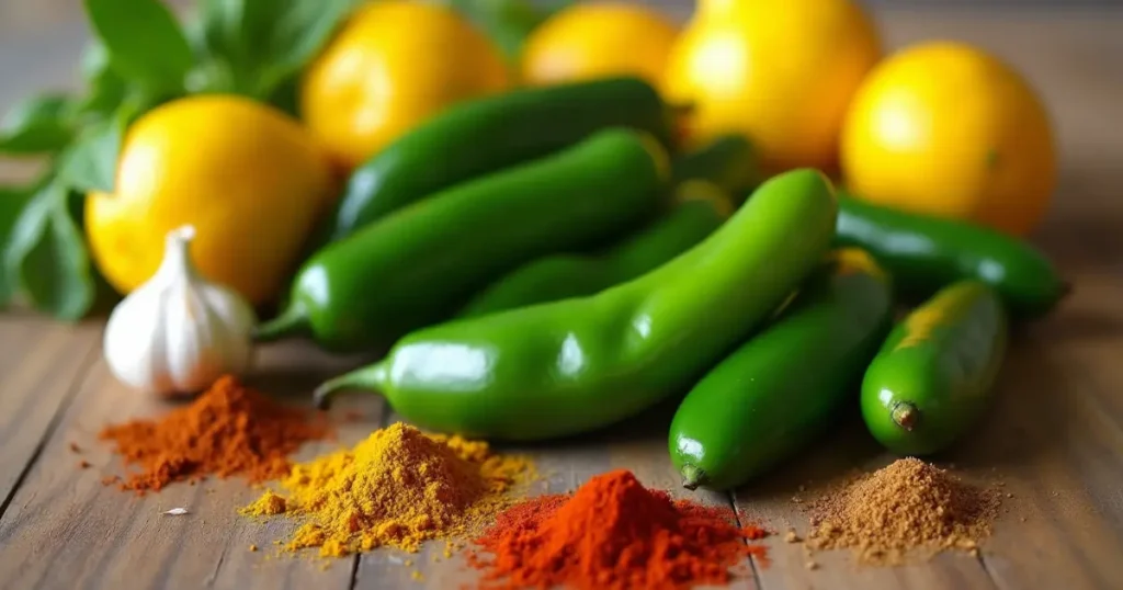 Fresh ingredients for a lemon spice jalapeno recipe: jalapenos, lemons, garlic, and spices.