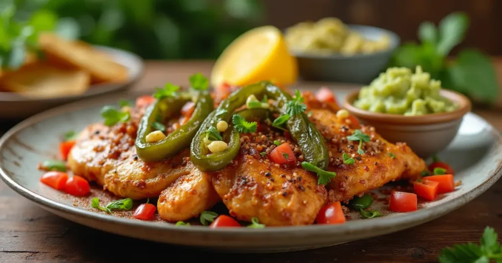 Plated dish with grilled chicken, lemon spice jalapenos, salsa, and guacamole.